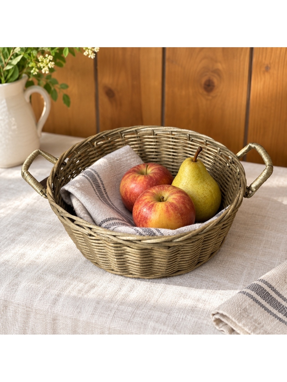 Round Woven Basket With Handles Antiqued Gold Wicker Farmhouse Centerpiece